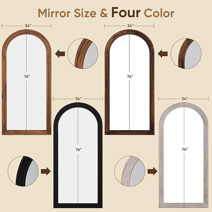 Full Length Mirror, 76"x34" Wooden Mirror Full Length with Stand Wood Floor Mirror, Oversized Stand Up Mirrors Large Wall Mirrors, Wall Mounted Mirrors, Arched Wood Style, Walnut