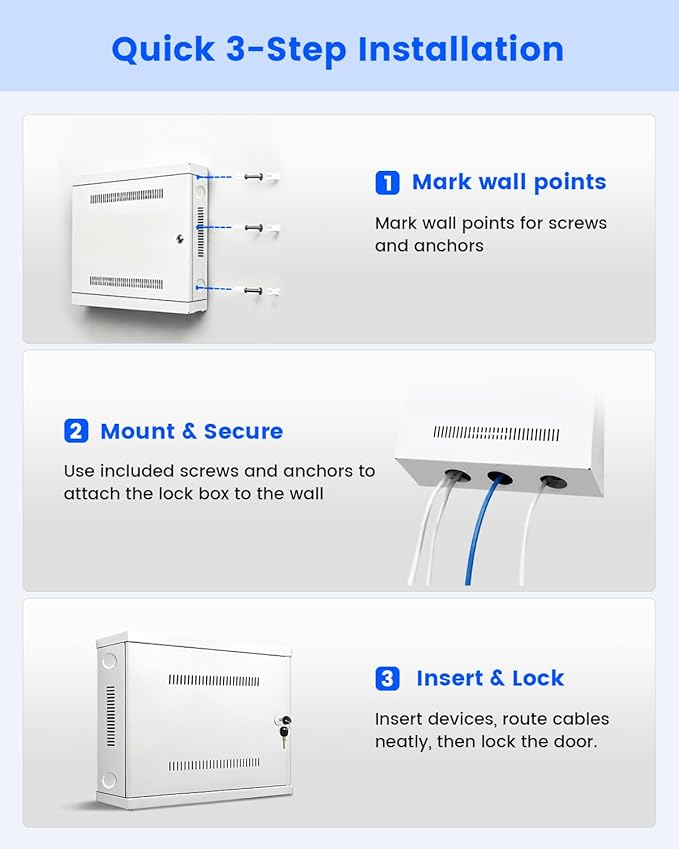 DVR Lock Box & NVR Enclosure, Heavy Duty Lockable Steel Cabinet for CCTV Surveillance Systems, Wall-Mount Design with Ventilation and Cable Management