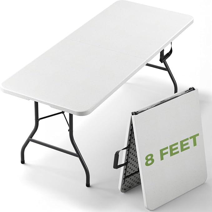Folding Table, 8 FT Foldable Plastic Table with Carrying Handle, Heavy Duty Portable Fold-in-Half Utility Table for Party, Camping, Banquet, Craft, Wedding, Indoor & Outdoor Use