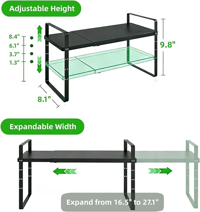 Expandable Cabinet Storage Shelf Stackable Organizer Rack for Kitchen Bathroom Pantry Spice Cupboard Countertop Home Office Desk Heavy Duty Nonslip Black Small 2 PACK