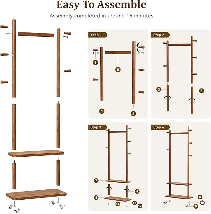 Taitiy Coat Rack Freestanding Clothing Rack with Wheels & 2 Shelves Storage & 5 Hooks Heavy Duty Clothes Rack Wood Coat Tree Stand Hat Hanger Rack for Corner Bedroom Entryway Living Room Hotel Size L