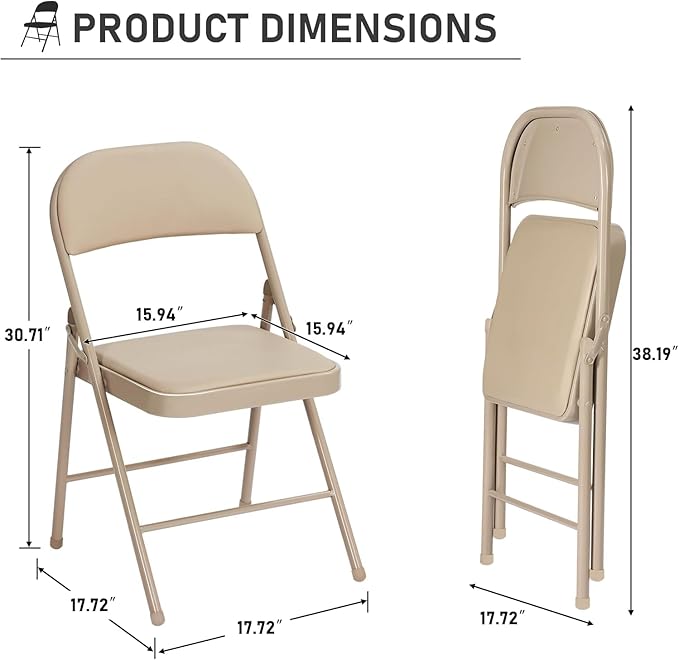 Black Folding Chairs 10 Pack, 350LBS Heavy-Duty Steel Frame Padded Foldable Chairs for Indoor Outdoor Wedding Party Dining Events (Khaki, 10Pcs)