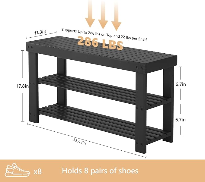 NEWBULIG Shoe Rack Bench, 3-Tier Bamboo Shoe Organizer, Wooden Entryway Storage Bench, 286 lb Load Capacity, 11.2x35.5x17.9 Inches, for Entryway Bathroom Bedroom Balcony, Black