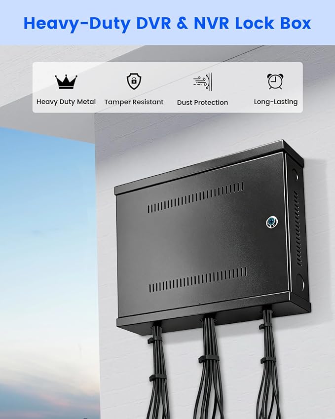 Heavy Duty DVR Lock Box & NVR Enclosure, Lockable Steel Cabinet for CCTV Security Systems, Wall Mount with Ventilation and Built-in Cable Management