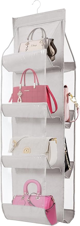 AARAINBOW 1 Pack Hanging Handbag Purse Organizer, Bags Organizor for Purse 8 Pockets Wardrobe Closet Space Saving Handbag Storage, 44.5L x 13.5W (B-Light Gray)