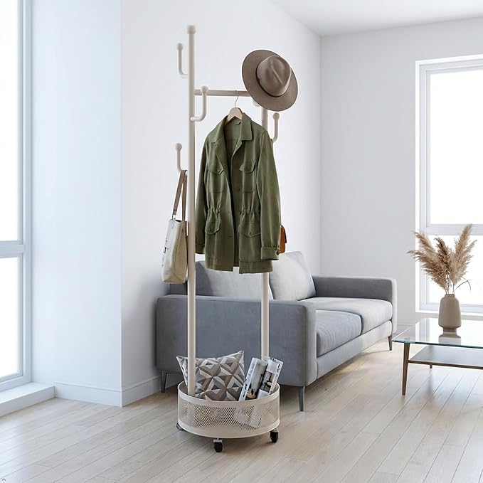 Rolling Coat Rack with Wheels, Freestanding Garment Rack with 6 Hooks & Mesh Storage Basket, Portable Clothing Rack Stand for Entryway, Bedroom, Closet, Cream White(Off-White)