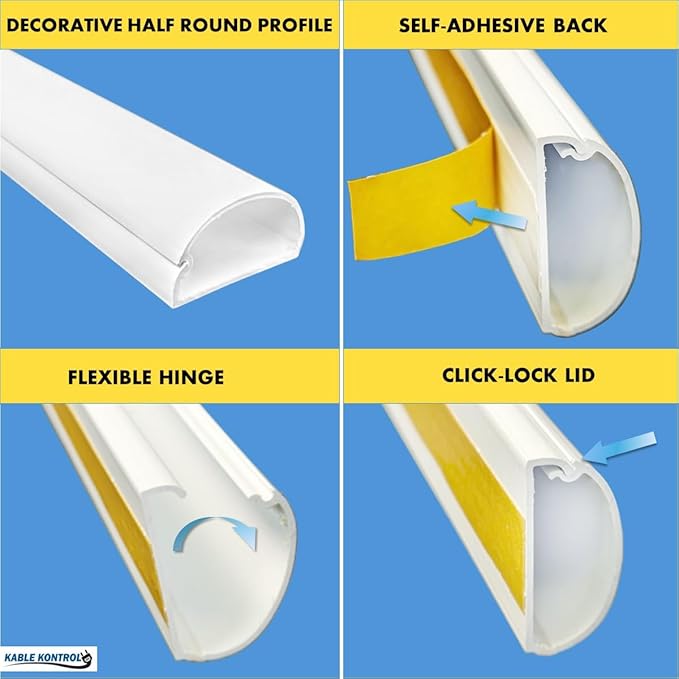 Kable Kontrol Half Round Cord Hider, Cable Cover, Hide TV Wall Mount Wires, Raceway for Cords, Decorative Wire Covers, Paintable, Adhesive Cable Concealer - 1.2in W x 0.50in H x 40in L – 1 Pc- White