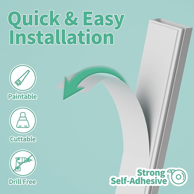 Delamu Cord Hider, 100in Self-Adhesive Cord Cover Kit for Wall Mounted TV, Paintable Wire Hider, Flexible Cable Management System, Cable Raceway Conceals 3-4 Wires, W1.18 H0.60in, White