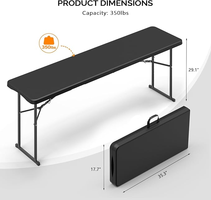 VINGLI 6 FT Narrow Folding Table, Tabletop Folded in Half, Premium Quality HDPE Material and Sturdy Metal Frame, Perfect for Buffet, Seminar, Party, Training, Home Work, Black