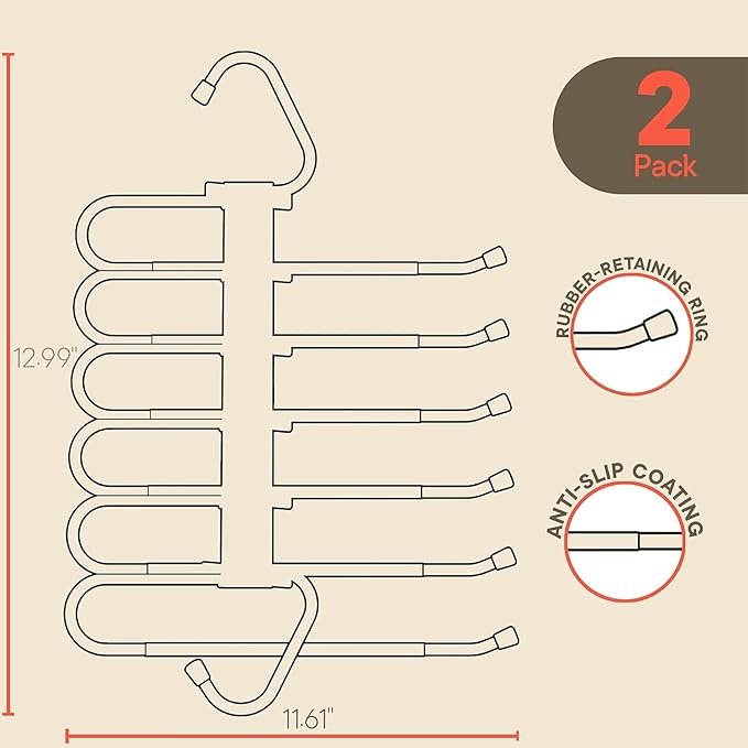 Campior Space Saving Pants Hangers 2 Pack, 6 Layer Jeans Hangers and Closet Organizer for Jeans, Scarves, & Skirts, Multi-Layer Hanger with Anti-Slip Stopper, Heavy-Duty S-Type Stainless Steel, White