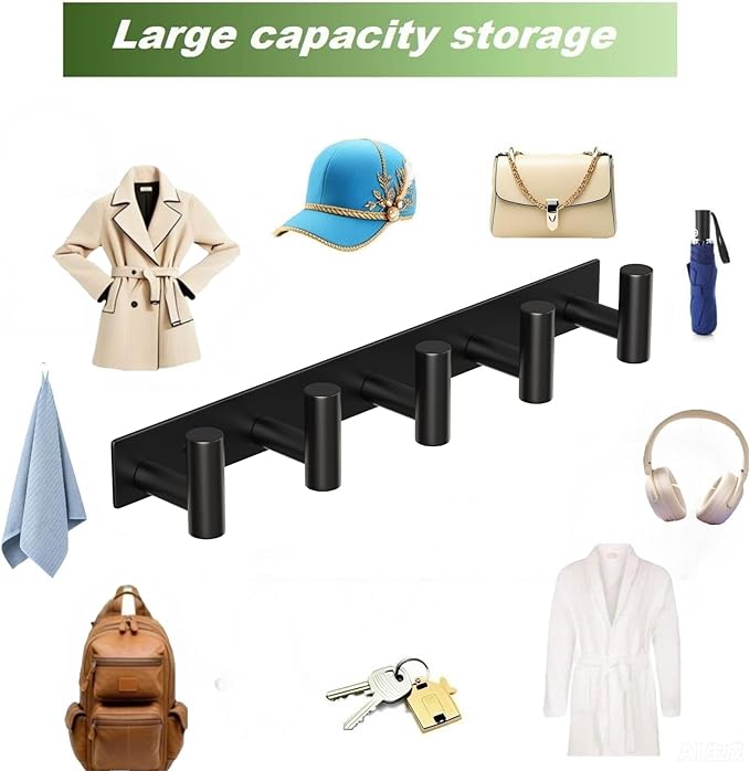 Wall Mounted Coat Rack-5 Hooks, Heavy Duty Stainless Steel Hook Rail for Towel Coat Hat Purse Bag Jacket, Towel Hooks for Entryway Bathroom Kitchen (Black 5 Hooks - 1 Pack)