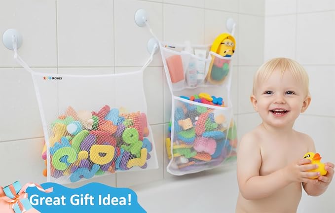 Bath Toy Storage Organizer for Bathtub – Large Mesh Bath Toy Holder & Bath Toy Net, Quick-Dry Hanging Bathroom Bag with 6 Strong Suction Cups, 4 Adhesive Hooks, Toy Holder for Tub & Shower, 2 Pack