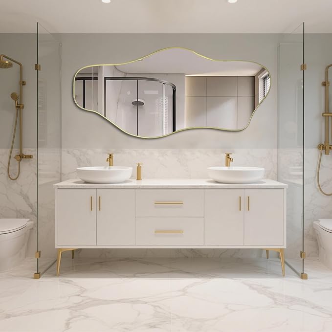 Irregular Full Length Mirror, 67"x31" Large Asymmetrical Tempered Glass Mirror, Gold Organic Frameless Wall Mirrors for Living Room Bedroom Hallway Entryway, Horizontal or Vertical Hanging