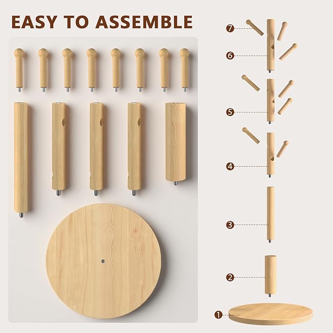 Coat Rack Freestanding Wooden Coat Tree Stand with 8 Round-tip Hooks, 3 Adjustable heights Coat Hat Rack for Entryway,Bedroom,Hallway,Office (Natural)