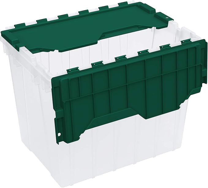 Akro-Mils KeepBox 18 Gallon Storage Container, Nesting and Stackable Plastic Storage Box with Lid Attached, Clear Tote for Garages, Closets, and Moving, 21" x 15" x 17", Clear/Green