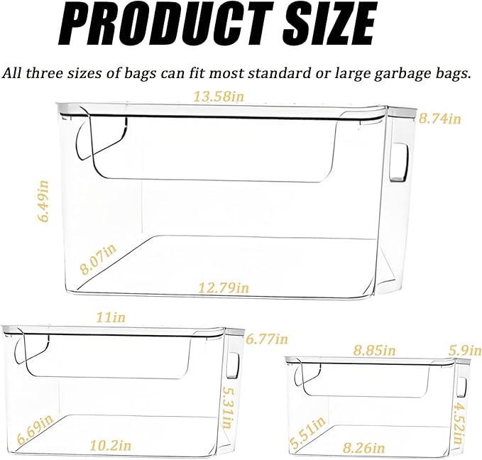 3 Pack Trash Bag Organizer Under Sink, Stackable Plastic Garbage Bags Holder with Lid, Trash Bag Dispenser Roll Storage for Kitchen, Pantry & Laundry Room Organization