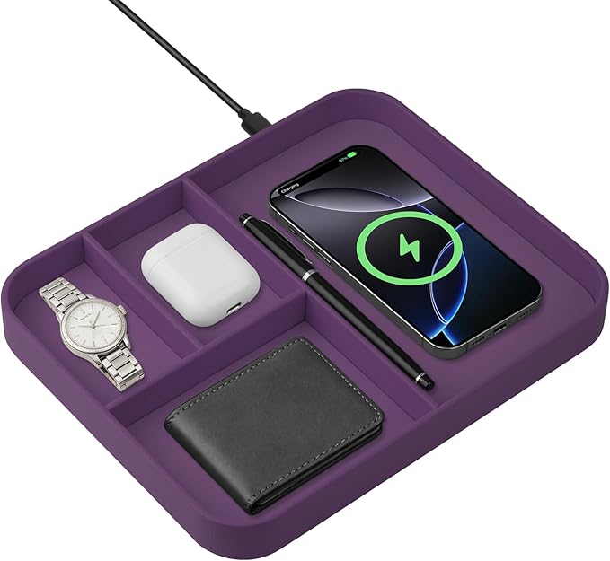 VOVIPO Faux Leather Valet Tray,with 2 in 1 Wireless Charging Compitable With iPhone/17/16/15/15 Plus/15 Pro/15 Pro Max/14/13/12/Wireless earphones,Office/Home Desk Organizers Tray-Purple