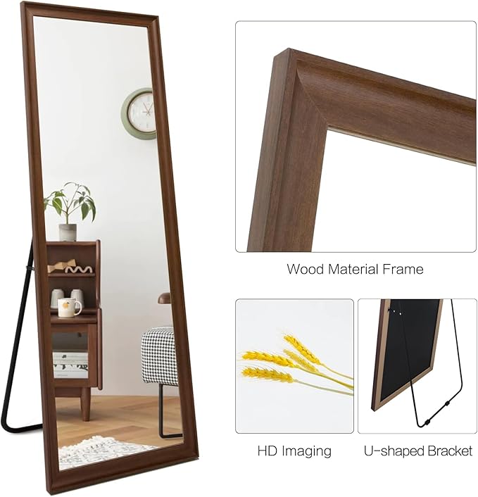 Full Length Mirror Wood Frame, 65x22in Floor Mirror Wall Full Body Mirror with Standing, Leaning Hanging for Bedroom,Living Room, Large Wooden Frame, Walnut