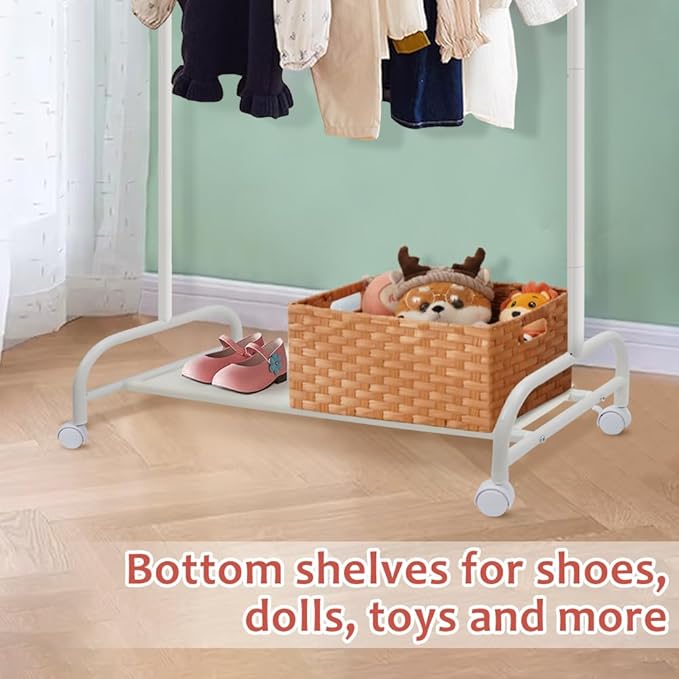 YGJT Kids Clothing Rack, Baby Clothes Racks for Hanging Clothes with Wheels and Bottom Storage Shelf, Small Toddler Garment Rack Kids Dress Up Storage Wardrobe for Coats, Skirts, Dance Costume(White)