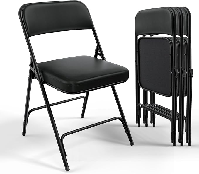 VINGLI Padded Folding Chairs with Thick Seat Cushion, Portable, Durable & Extra Comfortable Foldable Chairs for Indoor & Outdoor Events, Banquet, Party, Dinning, Work, Craft, PU, Black, 4 Pack
