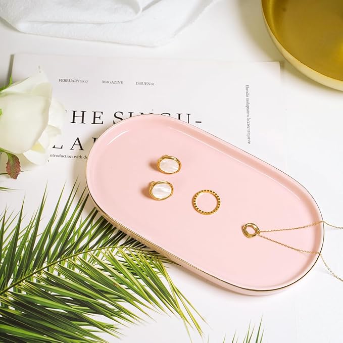 Ceramic Jewelry Dish, Perfume Vanity Tray, 7x4 Decorative Catch All Bowl for Trinket Key Ring, Small Bathroom Counter Tray, Soap Tray for Kitchen Sink (Pink)