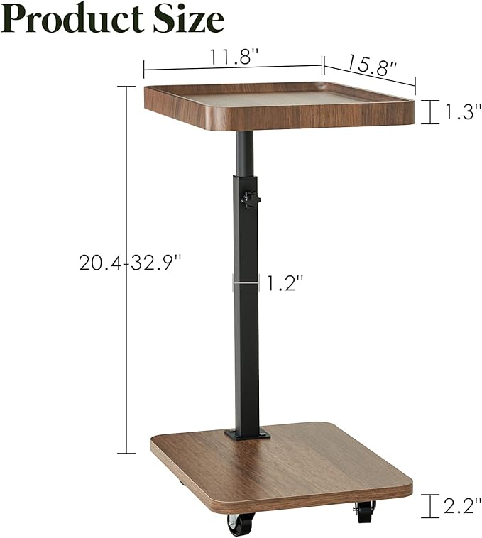 TV Tray Table for Eating,Sofa Armrest & 360° Swivel &Height Adjustable End Side Table for Couch,Snack Table for Sofa, Bedroom, Living Room, C Shaped End Table(Brown+Black)
