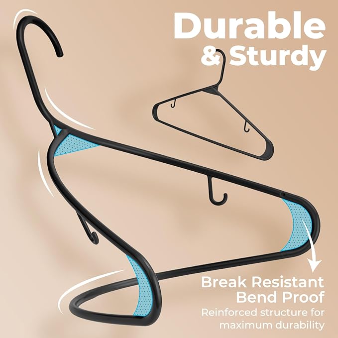 HOUSE DAY Black Plastic Hangers 50 Pack, Plastic Clothes Hangers with Built-in Hooks, Durable and Strong Plastic Coat Hangers for Closet, Space Saving Clothing Hanger for Shirts, Coats, Skirt, Dress