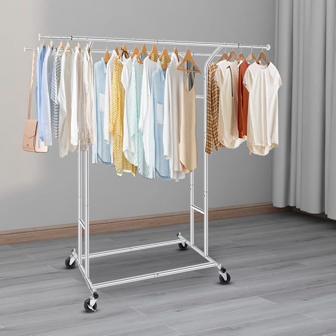 Fishat Silver Heavy Duty Double Rod Garment Clothes Rack for Hanging Clothes Chrome, Commercial Rolling Organizer Commercial Metal with Lockable Wheels Mobile for Coats Dresses