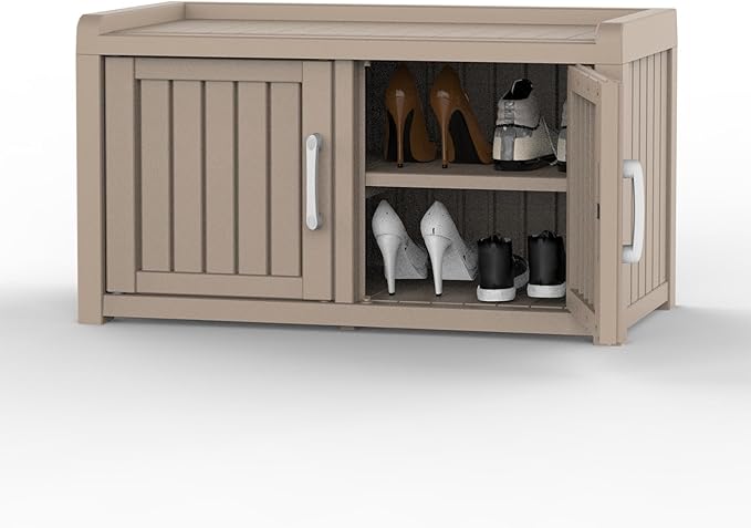 DRATO Indoor Outdoor Shoe Storage Cabinet, Shoe Bench Entryway with Adjustable Shelves, Waterproof Resin Storage Bench for Entryway, Foyer, Hallway (Gray, Duble Doors)