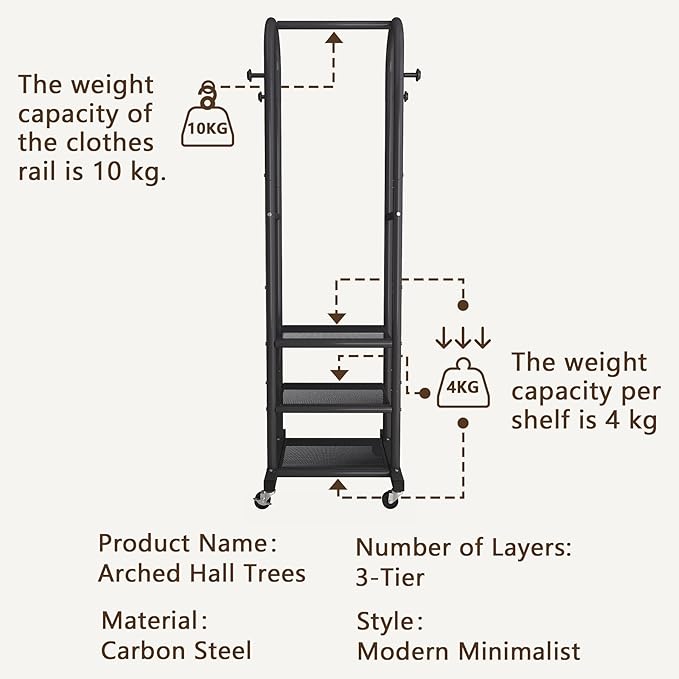 Dttwacoyh Narrow Hall Tree for Small Space, Small Coat Rack with Shoe Shelves, Tall Free Standing Metal Garment Rack on Wheels and Hanging Hooks for Entryway, Mud Room, Laundry Room – Black