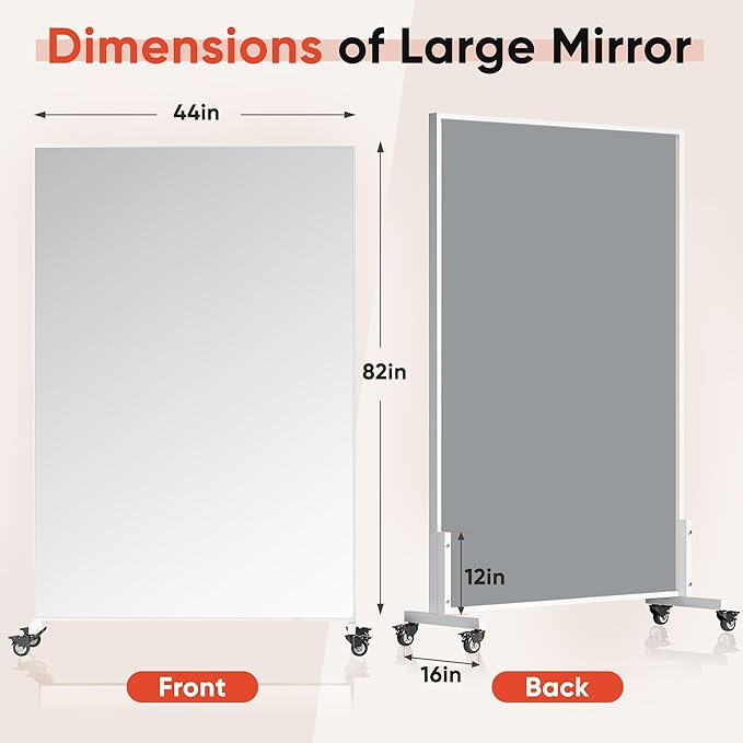 Suidia 82"x44" Extra Large Full Length Mirror on Wheels, 360° Swivel Rolling Mirror Floor, HD Tempered Glass Full Body Standing Mirrors for Home Gym, Yoga, Dance Studio, Bedroom, Rectangular, White