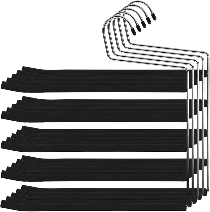 Multi Layer Space Saving Non Slip Tiered Foam Padded No Creases Pants Hangers 5 Tier Steel Open Ended Black 5 Pack
