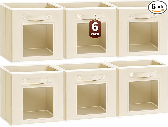 Homsorout Storage Baskets for Organizing - 6 Pack Cube Storge Bins, Foldable Storage Bins with Handle, Closet Organizers and Storage Baskets for Toys, Clothes, Beige