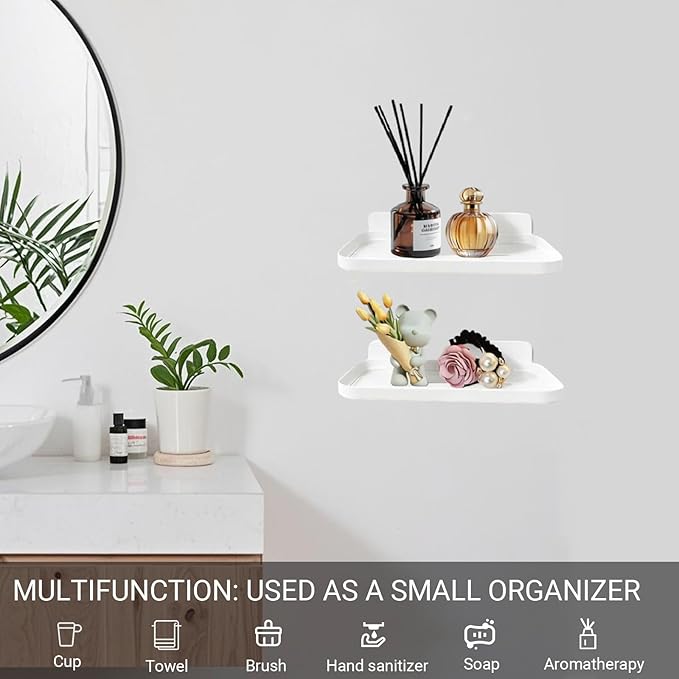 FAYYGYH 2 Pack Adhesive Floating Shelves No Drill Small Floating Shelf for Wall Storage Damage-Free Wall Mounted Organizer for Bathroom, Kitchen, Bedroom & Office (White)