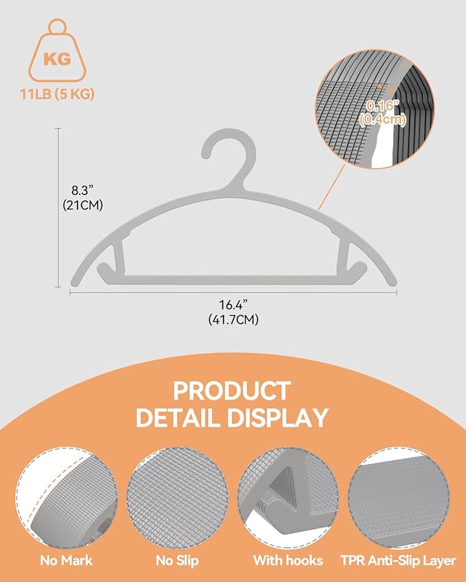 ABHENG 80 Pack Clothes Hangers, Non Slip Heavy Duty Plastic Hangers, Space Saving All-in-One Garment Hangers for Dresses Suits Jeans Knits, Hold Up to 11 LB Dry & Wet, 16.4" x 8.3", Gray, UAPY0880G