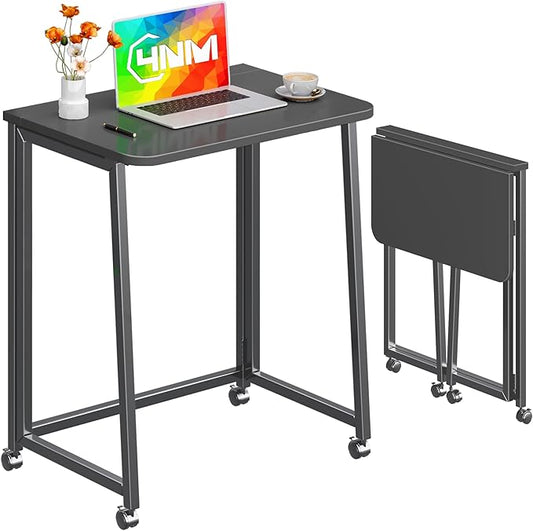 4NM 23.6" Mobile Small Folding Desk, Foldable Rolling Computer Home Office Desk, Study Writing Table for Small Space Saving Bedroom, with Wheels - All Black