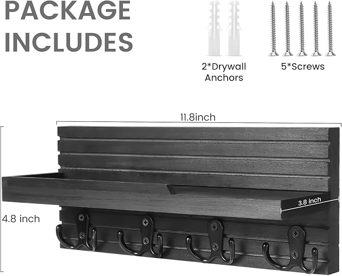 Decorative Key Hanging Rack with 4 Double Hooks – Easy Install Natural Wooden Key and Mail Holder for Wall Mount – Entryway Decor Rack with Shelf (Carbon Black)