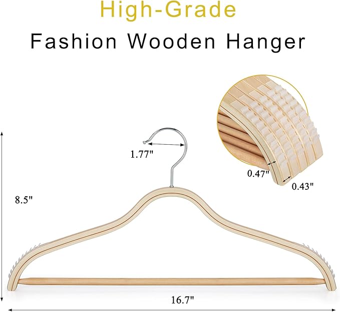 TOPIA HANGER Sleek Wooden Hangers with Non-Slip Rubber Grips, Sweater Hangers No Shoulder Bump, Lightweight Clothes Hangers for Women 20-Pack, 360° Swivel Hook and Pants Bar-CT63N20