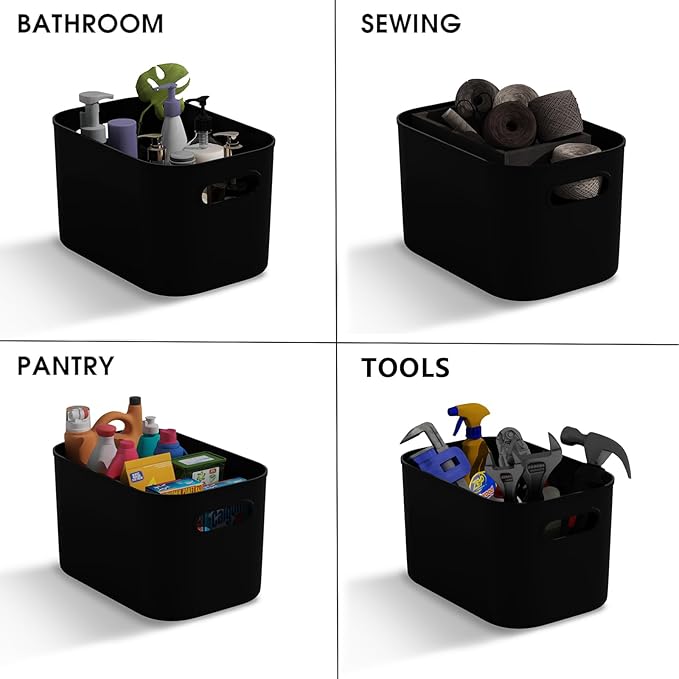 ORGIDOL 10 Pack Black Plastic Storage Bins, Storage Container for Organizing, Storage Boxes with Handle for Shelves, Cute Organizer Bins for Craft, Snacks, Pantry, Cabinet, 9.69x6.7x5.7 inch