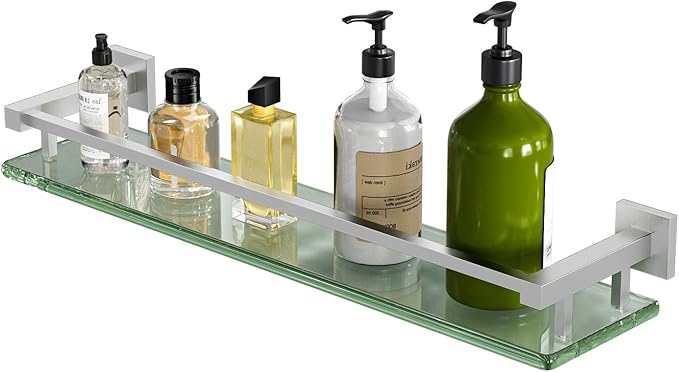 Alise Glass Shelf for Bathroom 20 inch, Brushed Nickel Glass Floating Shelves, Stainless Steel Glass Bathroom Shelves Wall Mounted