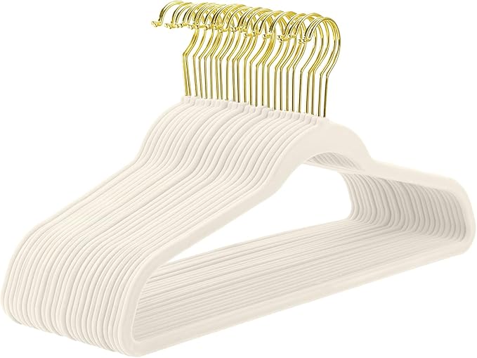 MIZGI Ivory Velvet Hangers - 60 Pack, Premium Gold, Non-Slip Felt, Sturdy, Heavy Duty Coat & Suit Hangers for Space Saving, No Marks