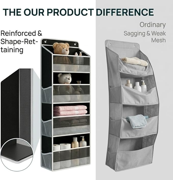 SUREMAX 42.5" Over The Door Organizer, 40 Lbs Heavy Duty Anti-Tilt Behind Door Storage with 4 Large Pockets and 6 Side Mesh Pockets, Hanging Closet Organizer for Bathroom, cabinet, Nursery and Pantry