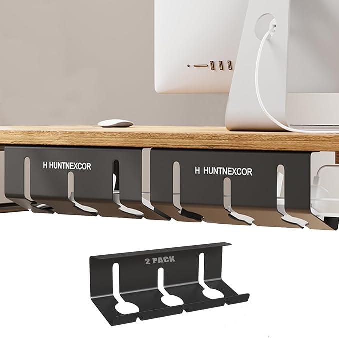 Under Desk Cable Management Tray, Large Metal Cable Organizer for Easy Access, Home Office Screw Mount Desk Cord Organizer and Accessories Storage Rack Shelf, Computer Power Strip Holder, Black 2 Set