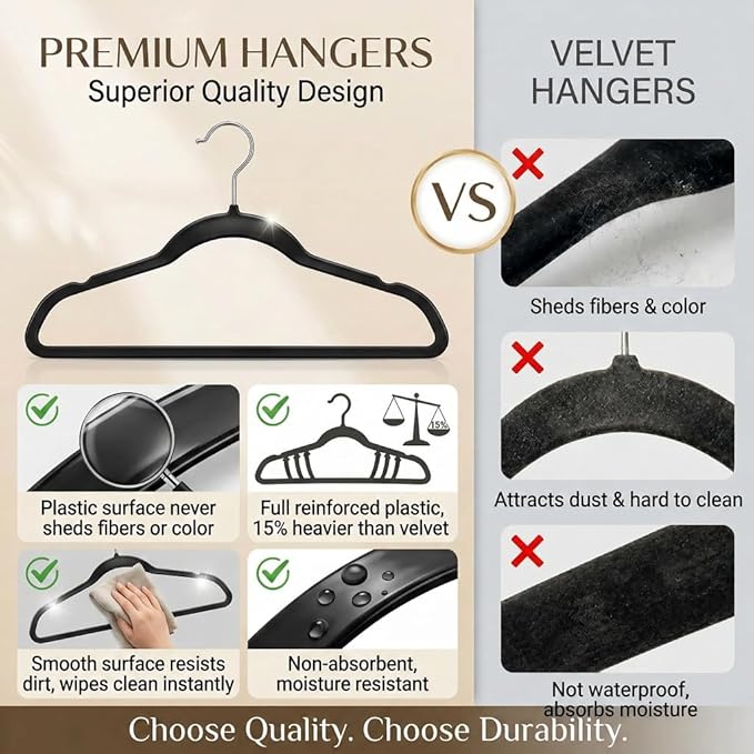 Smarter Plastic Hangers 200 Pack - Thin Hangers Non-Velvet with 360° Swivel Chrome Hook & Notches, Sweater Hanger No Shoulder Bump - Ideal for Dresses, Coats, Shirt, Jacket, Sweater - Black