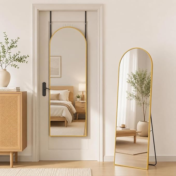 Full Length Mirror with Stand, 56"x14" Arched Full Body Mirror, Large Stand Up Aluminum Frame Floor Freestanding Hanging Leaning Mounted for Bedroom Living Room Entryway Gold