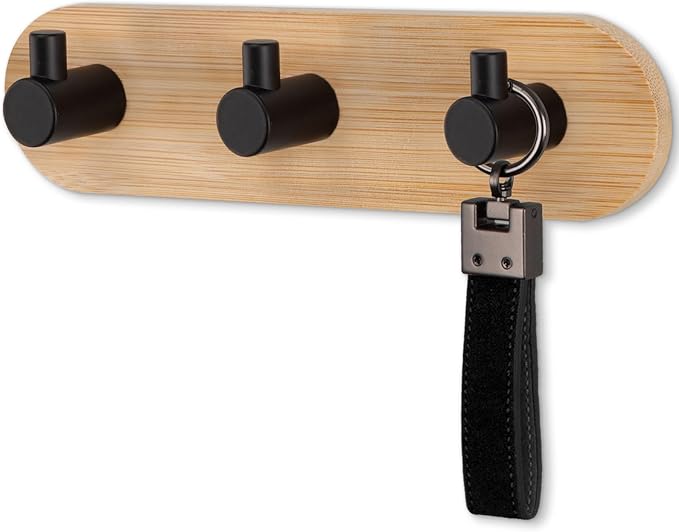 Nekon Bamboo Key Holder for Wall, Wall Mount Key Organizer with 3 Hooks, Decorative Coat Rack for Entryway, Kitchen, Bedroom, Bathroom (Black Hooks)