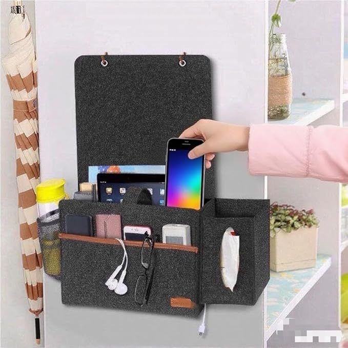 Bedside Caddy - Hanging Storage Pouch for Bedside, Couch, Dorm Room - Multi-Pocket Wall Mounted Felt Storage Organizer for Bedroom,With Tissue Box Cover Holde (Light Gray)