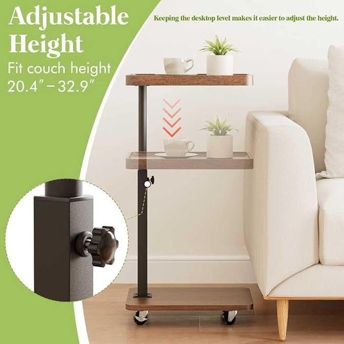 TV Tray Table for Eating,Sofa Armrest & 360° Swivel &Height Adjustable End Side Table for Couch,Snack Table for Sofa, Bedroom, Living Room, C Shaped End Table(Brown+Black)