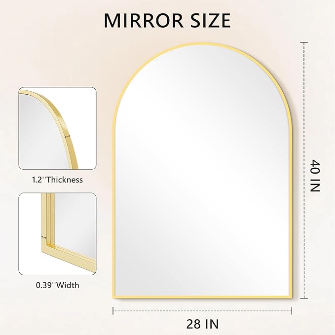Arched Bathroom Mirror for Wall, 40" x 28" Gold Metal Frame Vanity Mirror, HD Glass Over Sink for Bathroom, Entryway, Bedroom