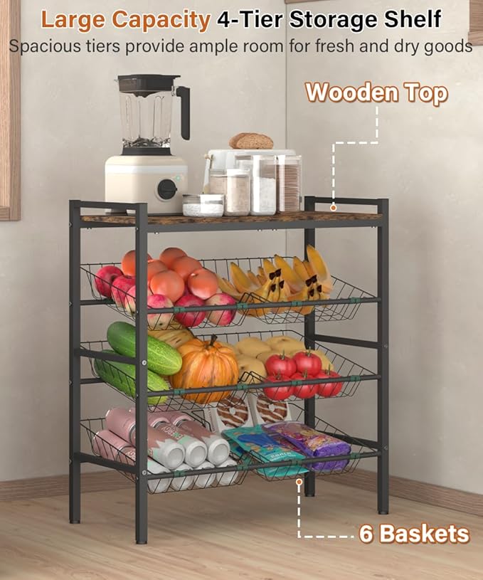 Kitchen Fruit and Vegetable Storage Rack, 4-Tier Fruit Basket Stand, Freestanding Snack Display Organizer Shelf, Small Kitchen Island with Wood Top for Pantry, Office, Living Room, Black